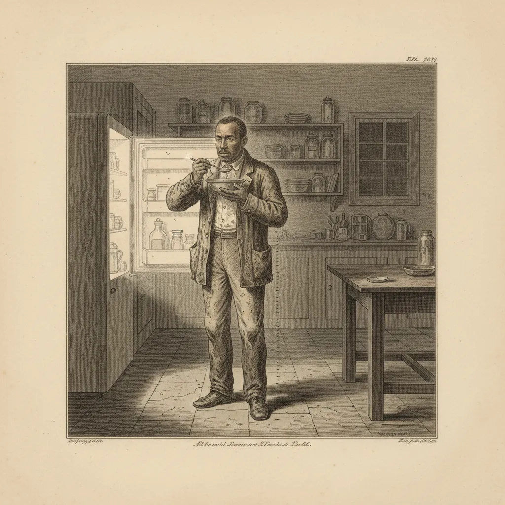 A 19th-century hand-colored natural-history plate of a cold documentary kitchen interior at night: the open refrigerator throwing a pale rectangle of light, a mixed-race man in his early forties, ligh