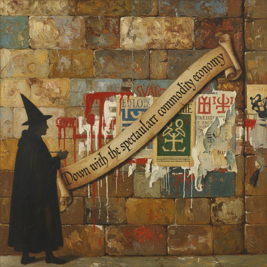 A Northern Renaissance painted close-up of a stone wall section in the Sorbonne, with a Bruegel-style banderole unfurling across it bearing the unreadable-but-present 16th-century-blackletter shape of