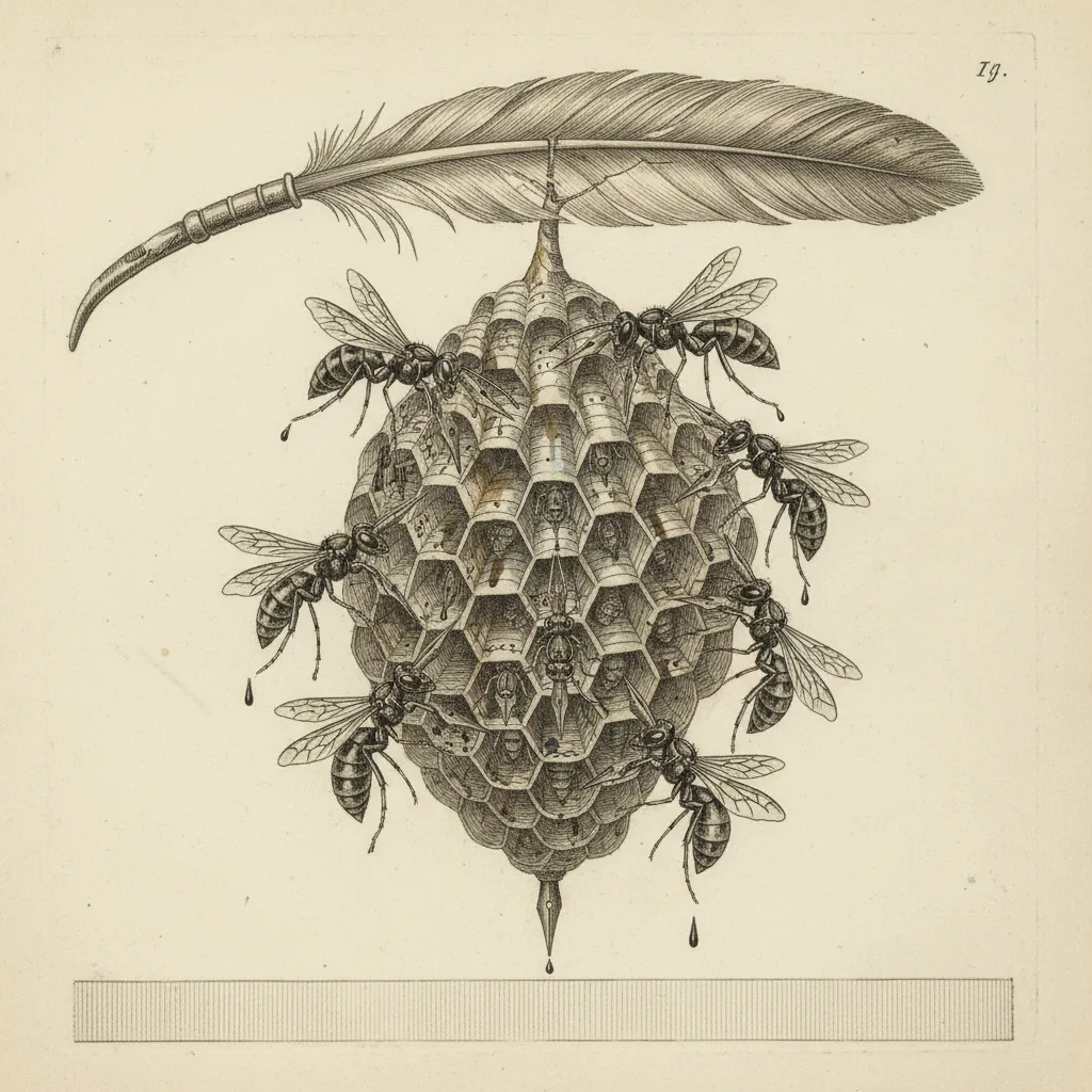 Aquatint and copperplate plate of a paper wasp colony, but each hexagonal comb cell is a tiny ruled writing-surface of laid paper folded into the nest, the wasps themselves part insect part engraved n