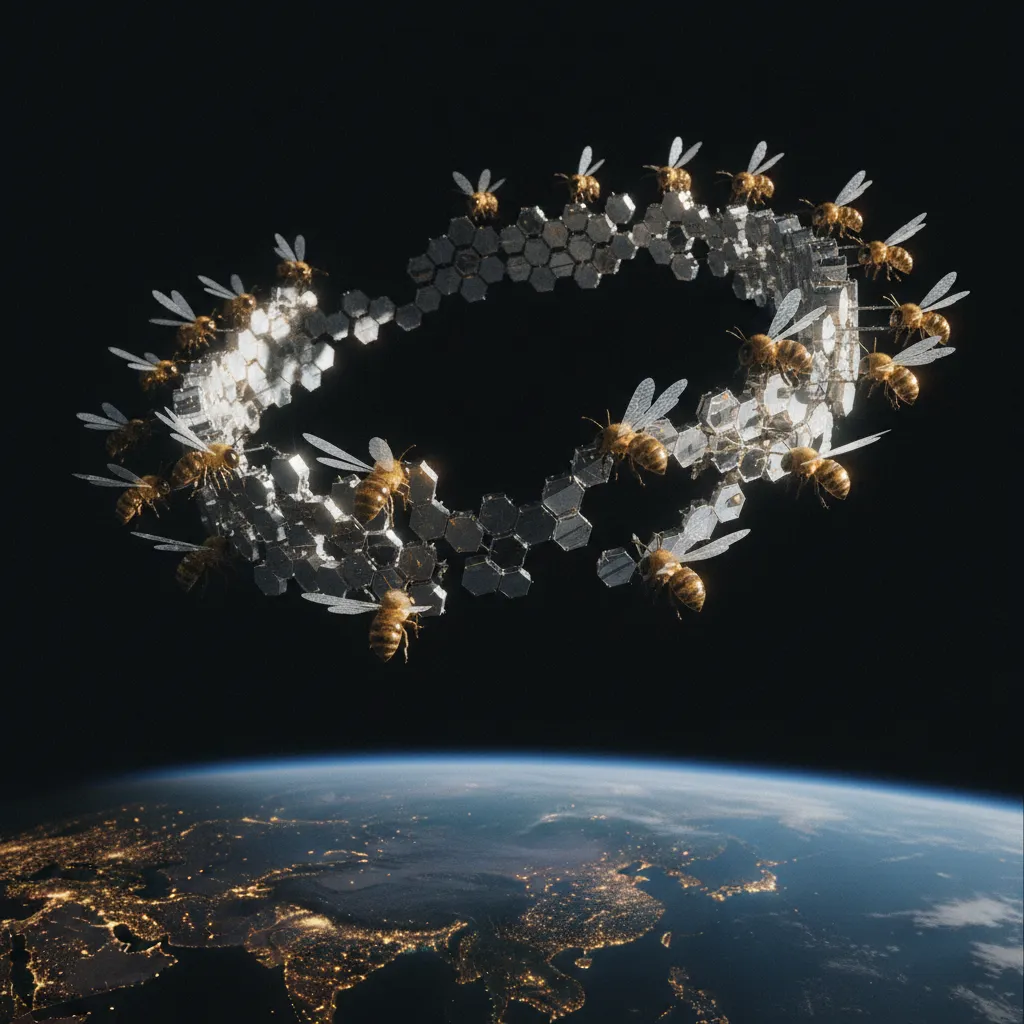A speculative orbital photograph of a Chinese satellite-station cluster illuminated against Earth's dark side, hundreds of small docked modules arranged in a ring formation — but the ring is slowly be