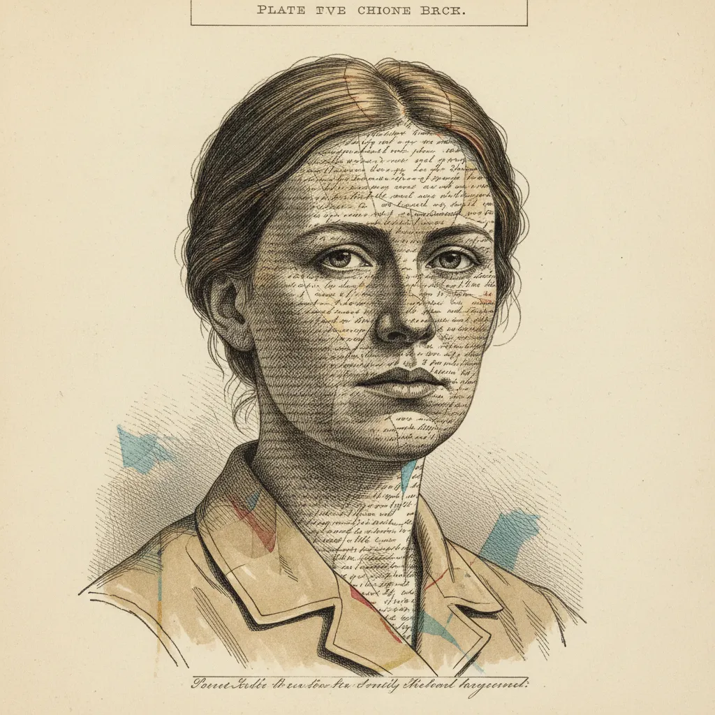 A hand-colored copperplate engraving and aquatint specimen plate of the biologist, a white woman in her late thirties, fair freckled skin, light brown hair pulled back, a strong brow and a guarded wat