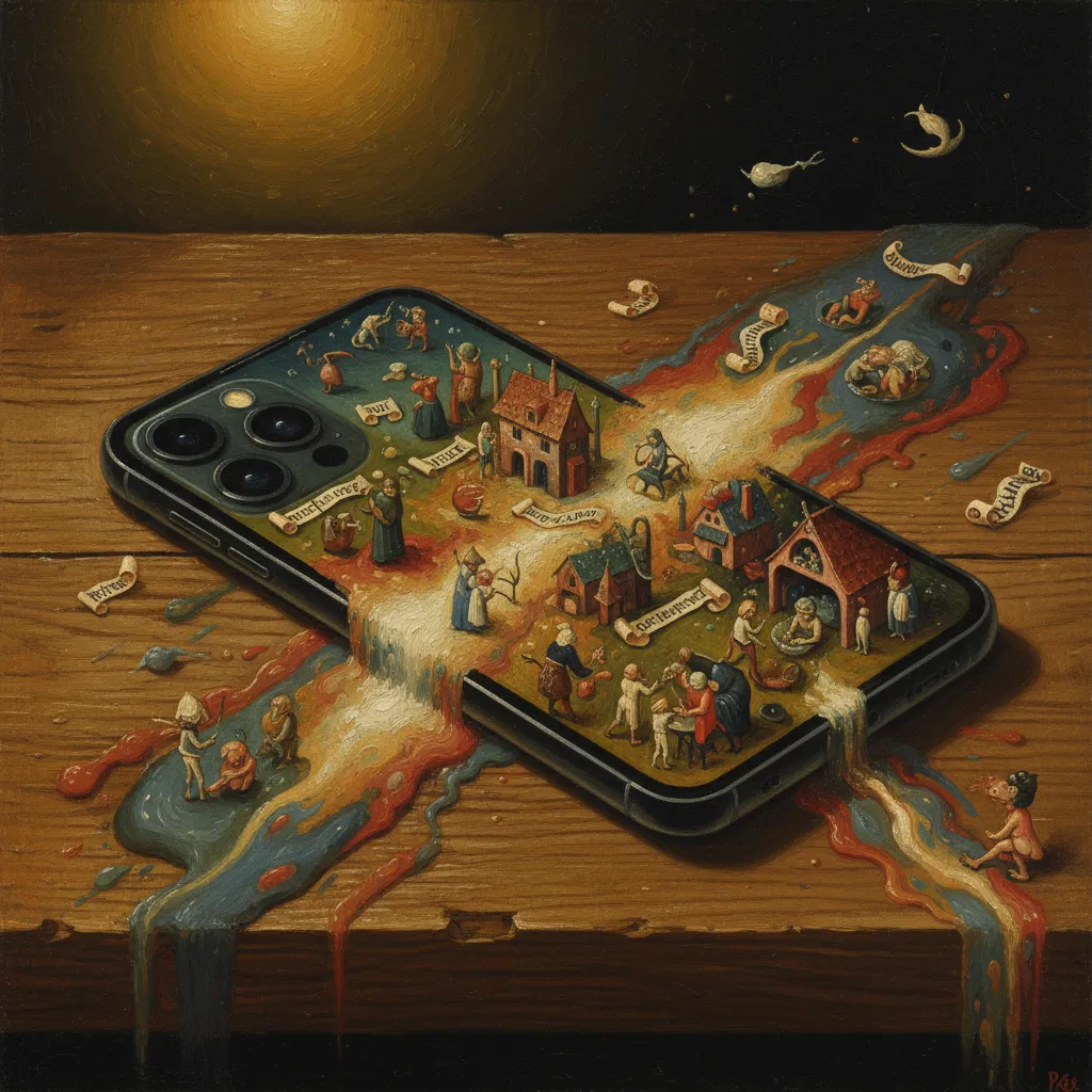 A Northern Renaissance painted Bruegel-coded scene of small painted publisher-figures gathered behind the painted-AI-Overview banderole — none of the painted readers visit them, all eyes on the upper 