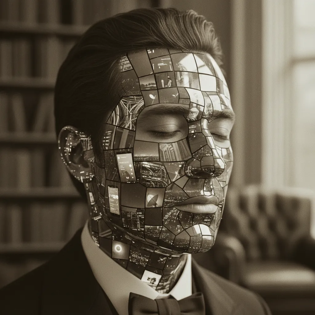 A close-up portrait of a Victorian gentleman, three-quarter angle, eyes closed as if in thought — but his face is composed of hundreds of tiny mirror facets, each reflecting a different scene from mod