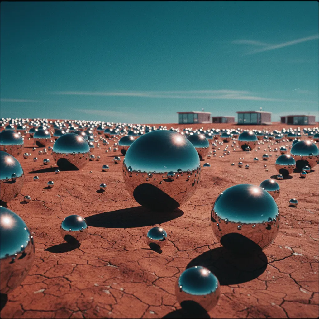A vast field of chrome Worldcoin Orbs growing out of the earth like mushrooms, hundreds of them at varying heights, stretching to vanishing point. A small village of identical 2026 houses in the dista