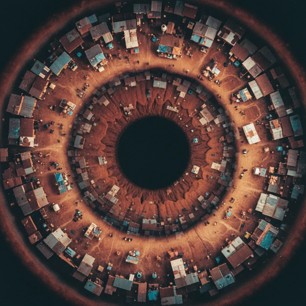 An extreme macro of a single human iris, the pattern visible at exquisite microscopic detail. Embedded within the iris pattern, microscopic suburban houses, marketplaces, and small figures arranged in