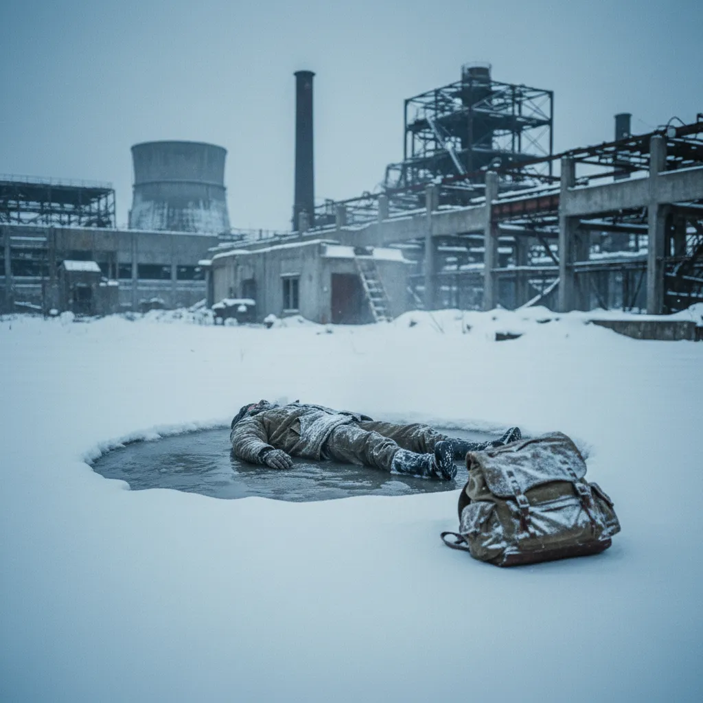 A cinematic photograph of a stalker friend lying still in the snow at the edge of the Zone, half-buried, his rucksack a few feet away. The snow around the body is melted in a perfect circle, while the