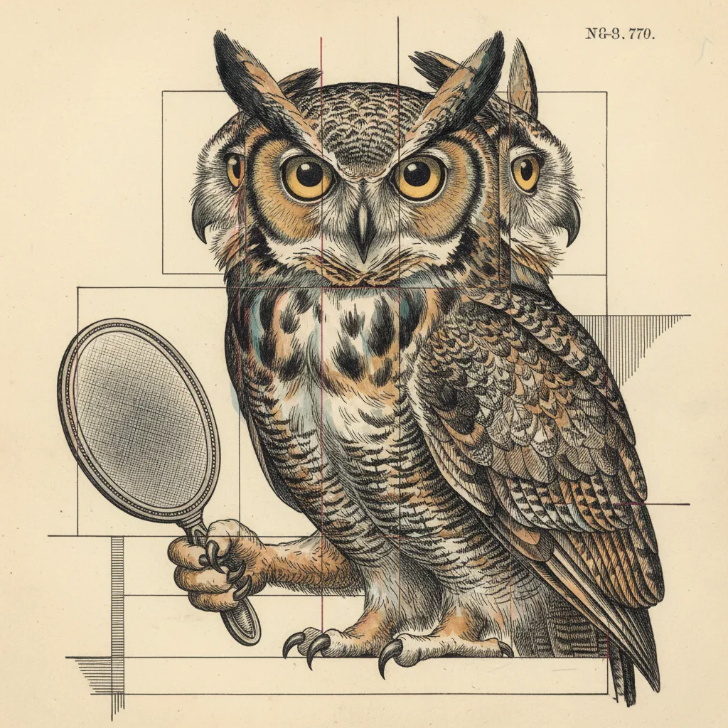 Hand-colored copperplate engraving and aquatint on aged cream lightly-foxed laid paper, fine hatching, stipple, watercolor wash. A great horned owl rendered in cubist-analysis treatment — the head gen