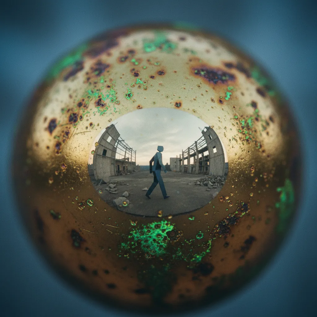 A macro photograph of the Sphere's reflective surface in close range, the gold catching the cold ambient light, the Sphere itself beyond intention or design. On the curved surface, the reflection is s