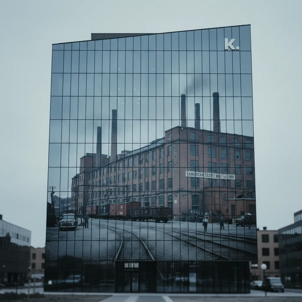 A 2025 Klarna headquarters facade at midday — but the entire building's reflection in its glass facade shows a 1952 American factory exterior in perfect period detail (smokestacks, brick, rail spurs).