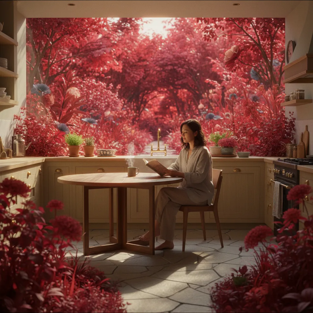 A 2026 person (Asian-American, thirties) seated alone in a pleasant kitchen with free time and a book — but the kitchen walls have dissolved into a vast garden in full bloom, no boundary between her i